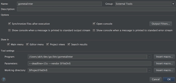 gometalinter setup for jetbrains